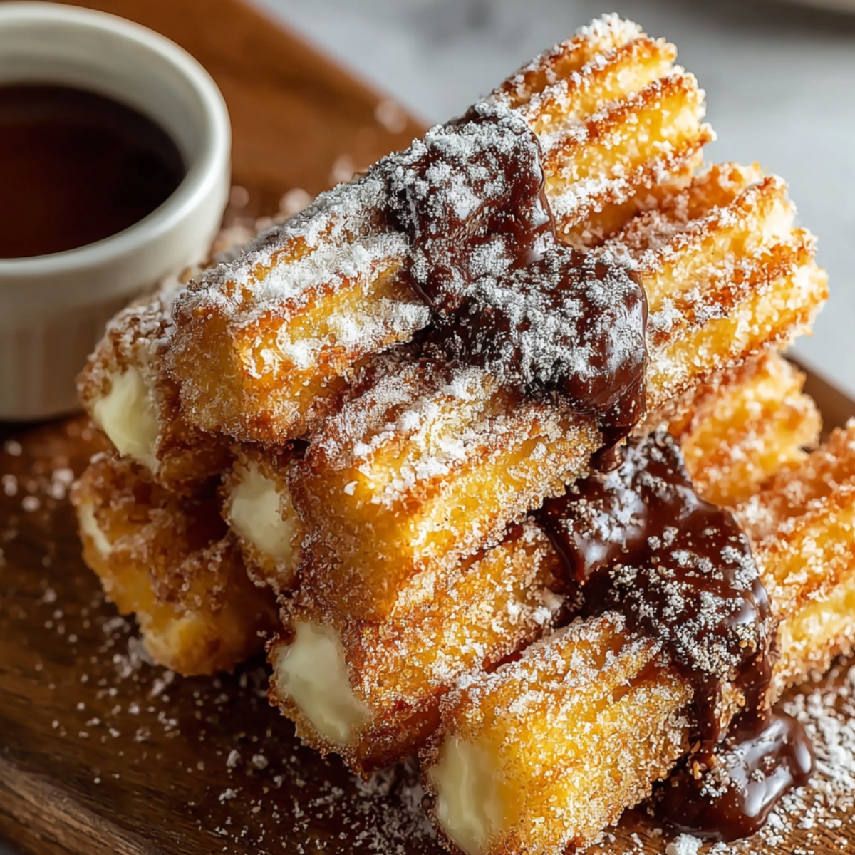 close-up of churros recipe stacked together, dusted with sugar, and drizzled with chocolate sauce. There is powdered sugar on top, and the churros are golden and crispy. A small bowl of chocolate dipping sauce is placed beside the churros.