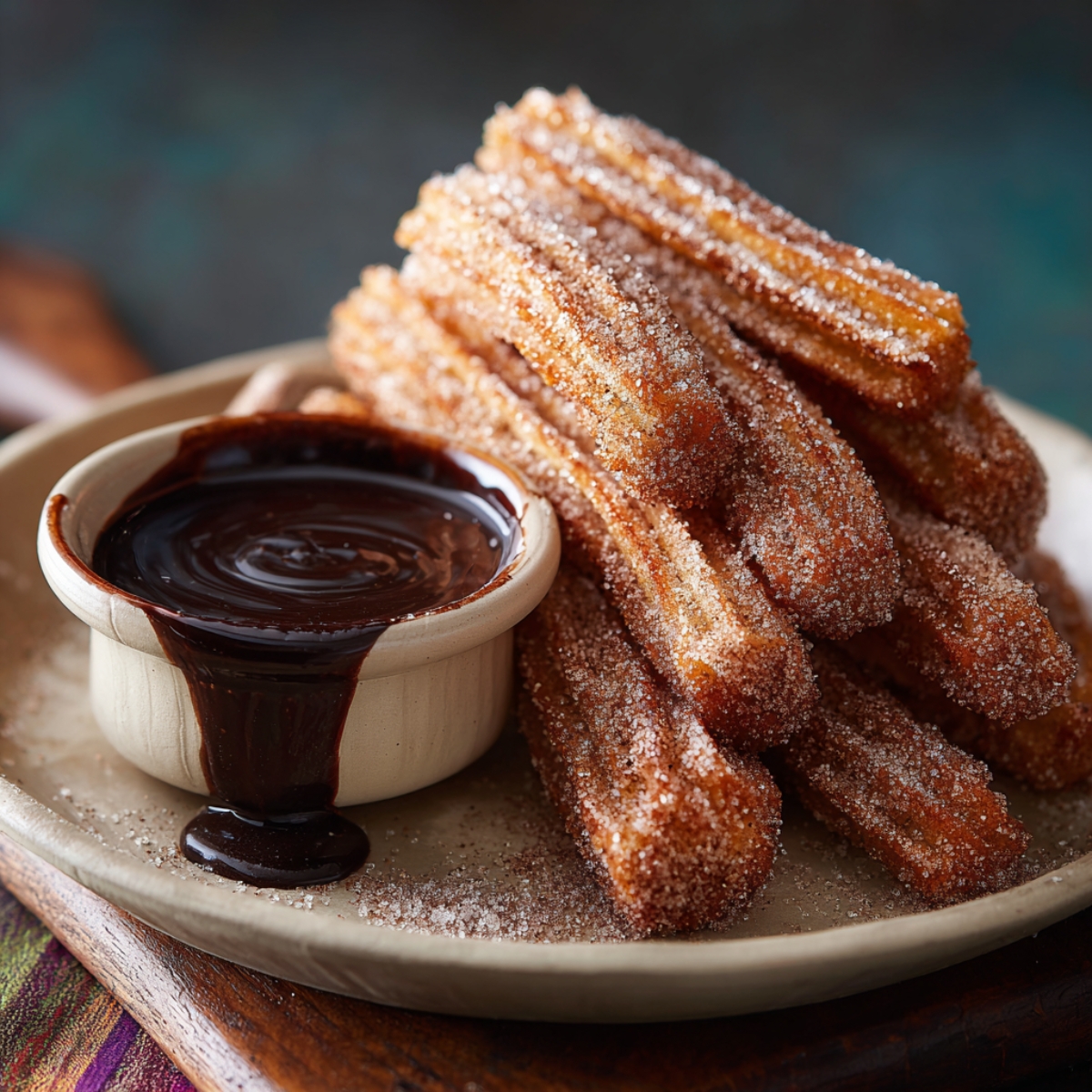 plate with churros coated in cinnamon sugar and a small bowl of chocolate sauce for dipping. The churros are stacked and served in a warm, inviting presentation.