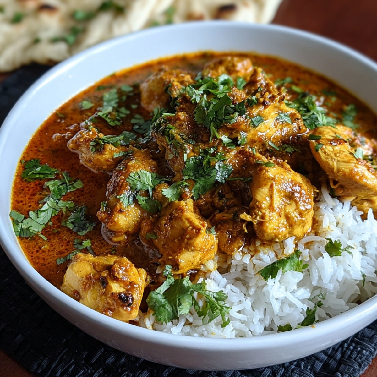 bowl of chicken curry recipe Indian with rice, topped with fresh coriander leaves. The curry appears rich and golden with tender pieces of chicken.