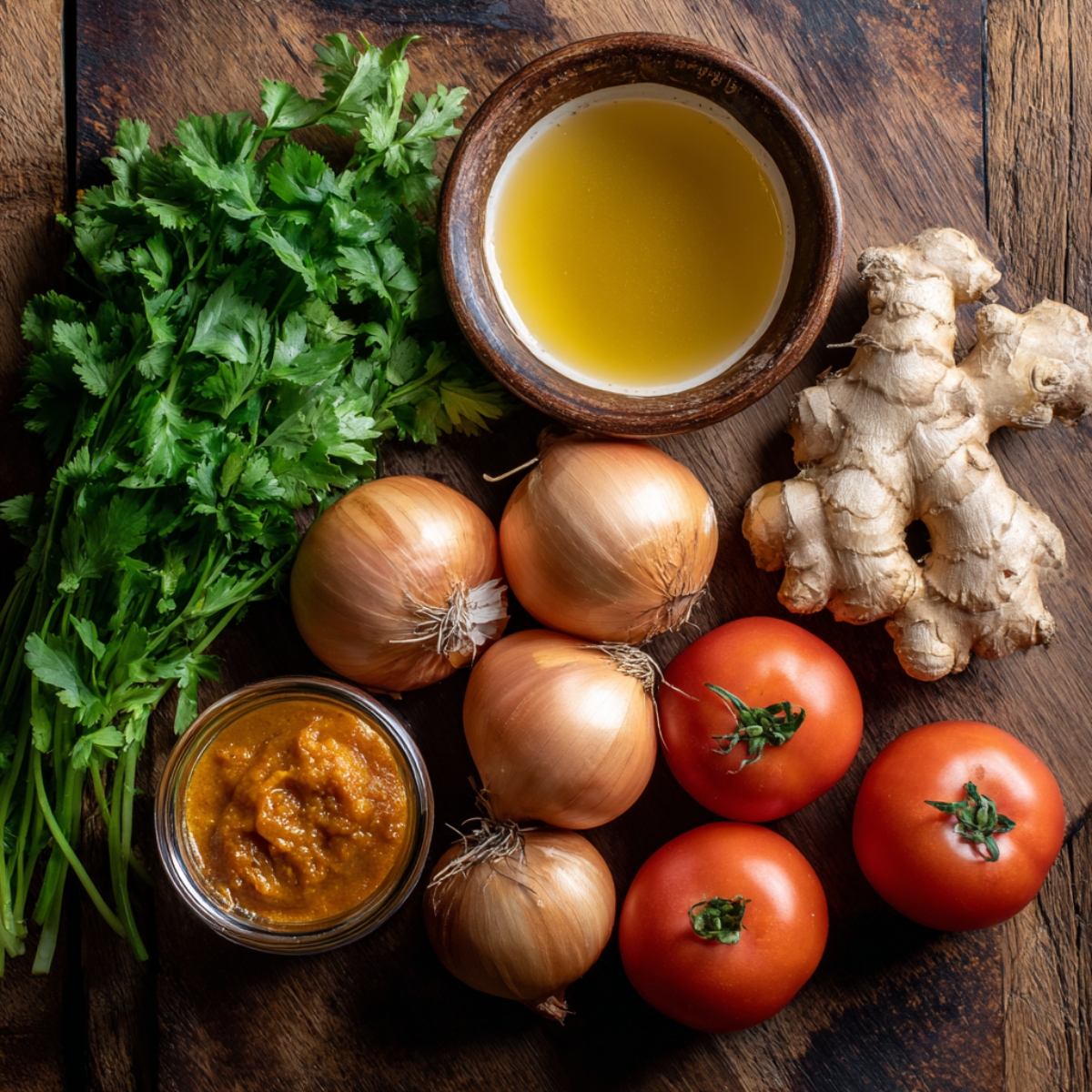 Fresh cilantro, onions, ginger, tomatoes, and a jar of spice paste on a wooden surface, ready for cooking.