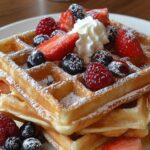 stack of Belgian waffle recipe with powdered sugar sprinkled on top, adorned with strawberries, blueberries, raspberries, and a dollop of whipped cream.