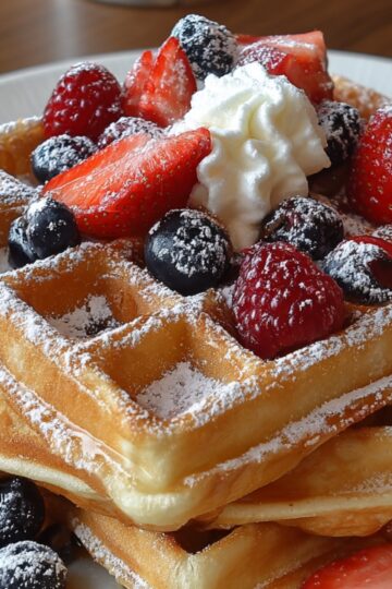 stack of Belgian waffle recipe with powdered sugar sprinkled on top, adorned with strawberries, blueberries, raspberries, and a dollop of whipped cream.