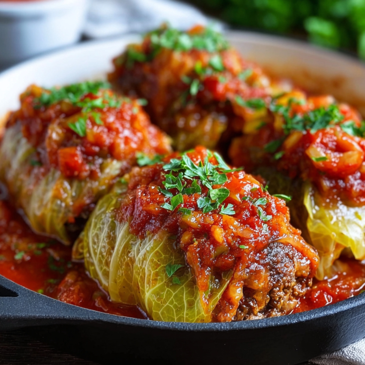 Stuffed cabbage recipe rolls topped with tomato sauce and garnished with parsley.