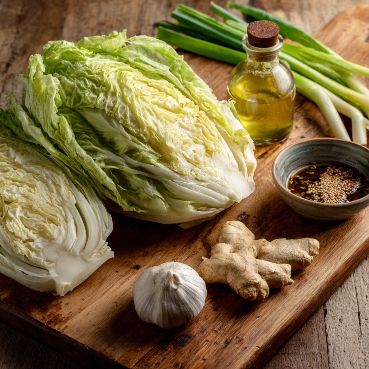 Fresh napa cabbage, garlic, ginger, green onions, and sesame oil laid out on a wooden cutting board.