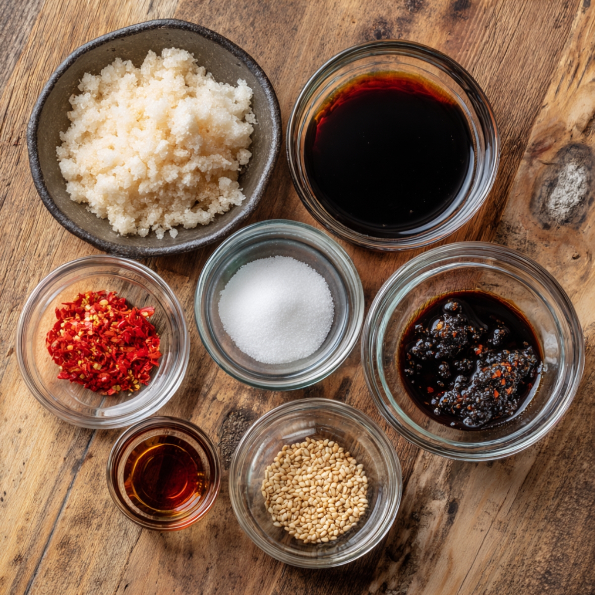 variety of ingredients for cooking, including salt, sugar, sesame seeds, soy sauce, and chili flakes.