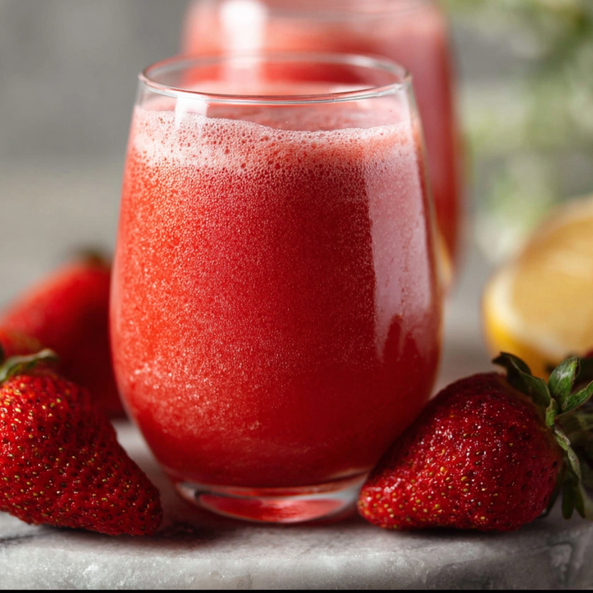 showing the wooden strawberry juice recipe with purple liquid being poured through a strainer.