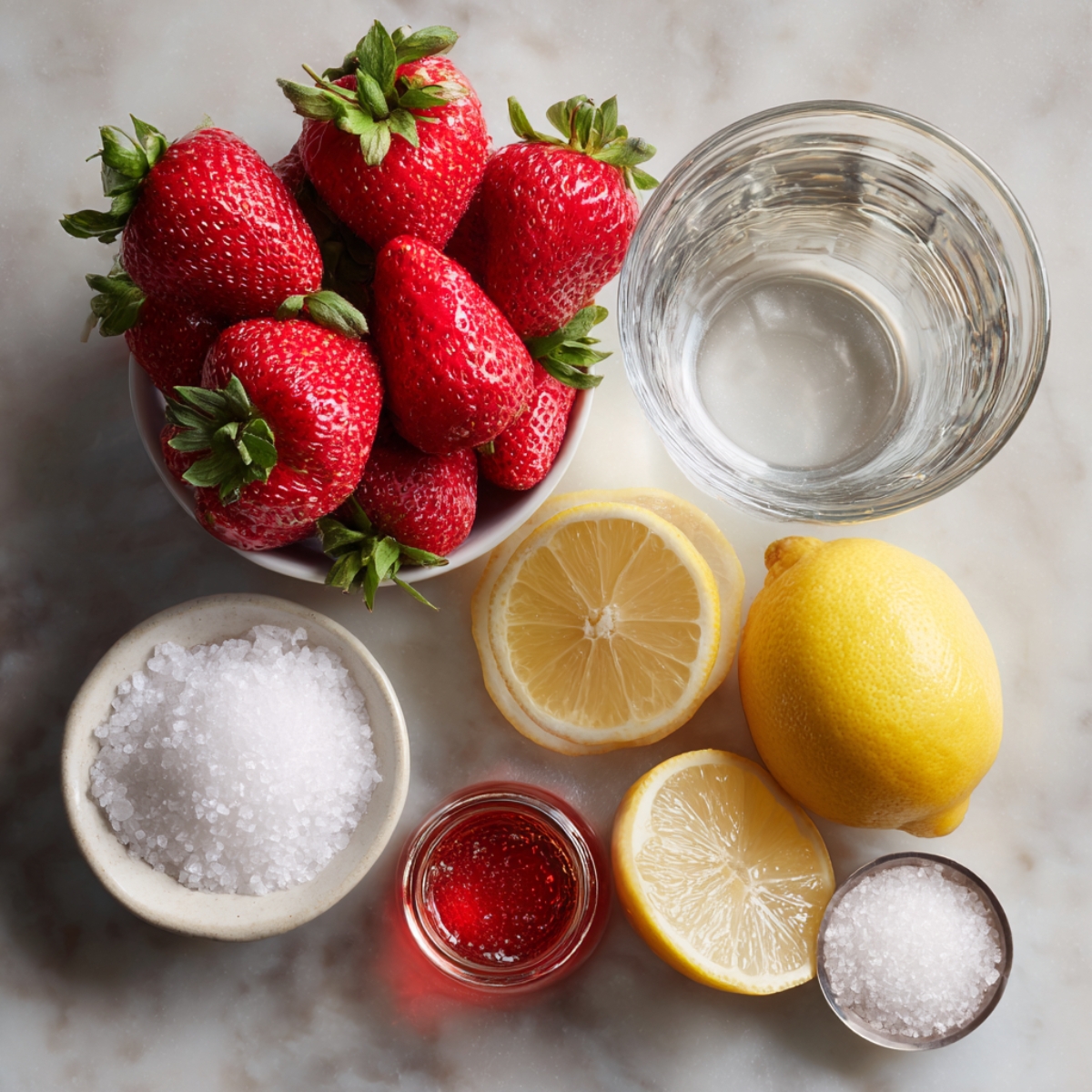 flat-lay shot of strawberries, water, lemon slices, salt, and a small bottle of red liquid on a white surface.