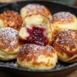 close-up shot of golden, aebleskiver recipe balls with powdered sugar on top. One dough ball is cut in half, revealing a rich, red berry jam filling inside.