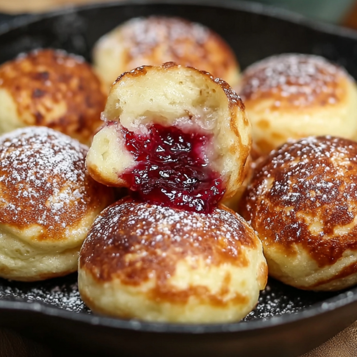 close-up shot of golden, aebleskiver recipe balls with powdered sugar on top. One dough ball is cut in half, revealing a rich, red berry jam filling inside.