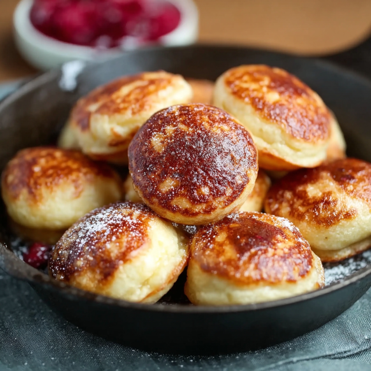 cast-iron skillet filled with golden-brown puffed dough balls, lightly dusted with powdered sugar. Some dough balls have a soft, glossy interior visible, revealing a sweet filling, likely fruit jam.