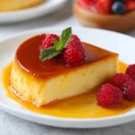 slice of creamy flan recipe mexican topped with fresh raspberries and a mint leaf, drizzled with caramel sauce on a white plate.