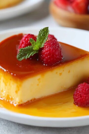slice of creamy flan recipe mexican topped with fresh raspberries and a mint leaf, drizzled with caramel sauce on a white plate.