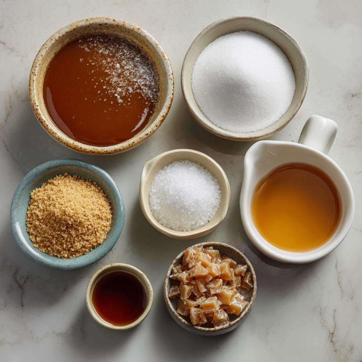 collection of ingredients used to make the caramel for flan, including white sugar, brown sugar, butter, and vanilla extract.