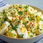 close-up of a creamy potato salad recipe with hard-boiled egg slices on top, garnished with chopped parsley and a sprinkle of paprika.