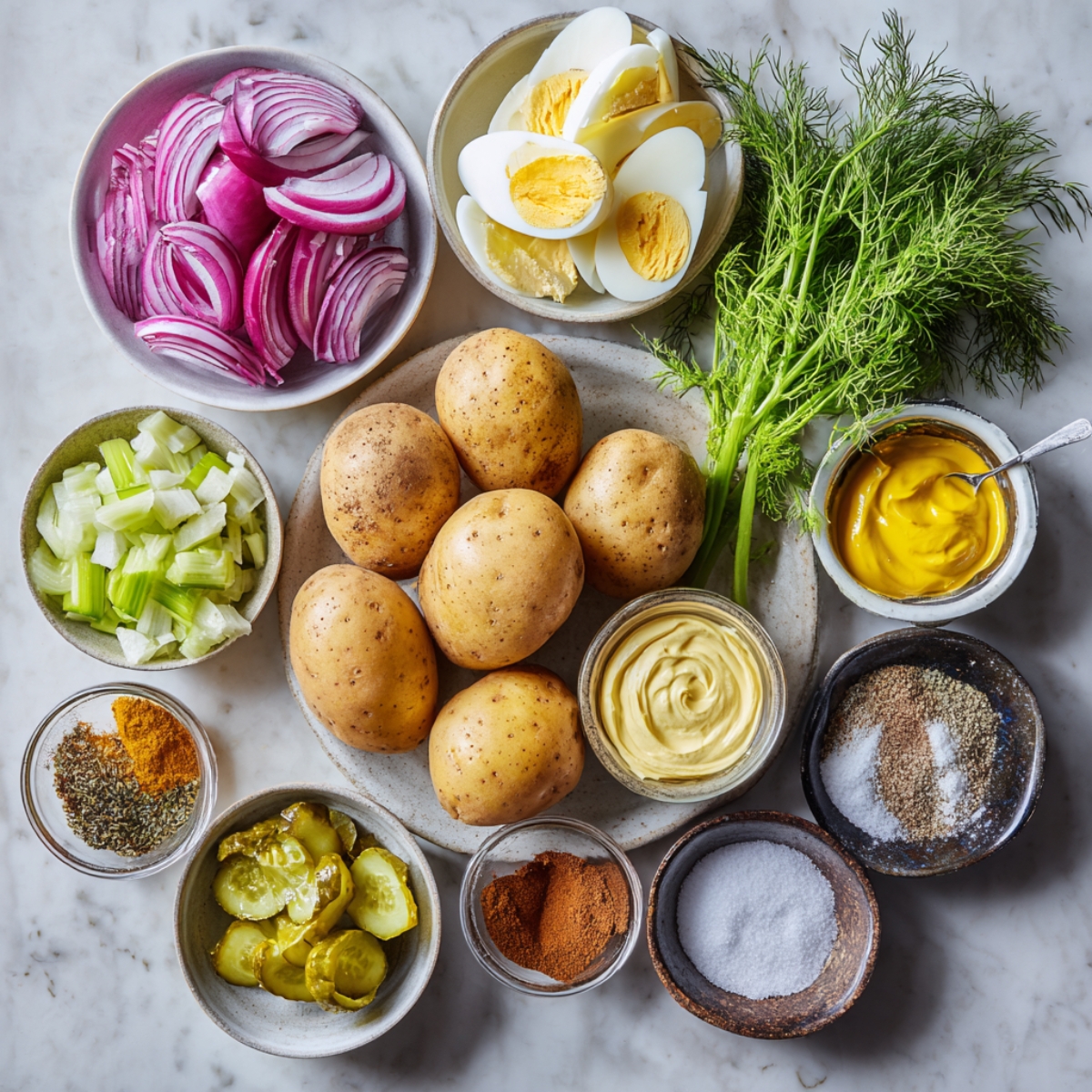 variety of fresh ingredients for potato salad, including boiled eggs, red onions, celery, pickles, mustard, mayonnaise, spices, and whole potatoes