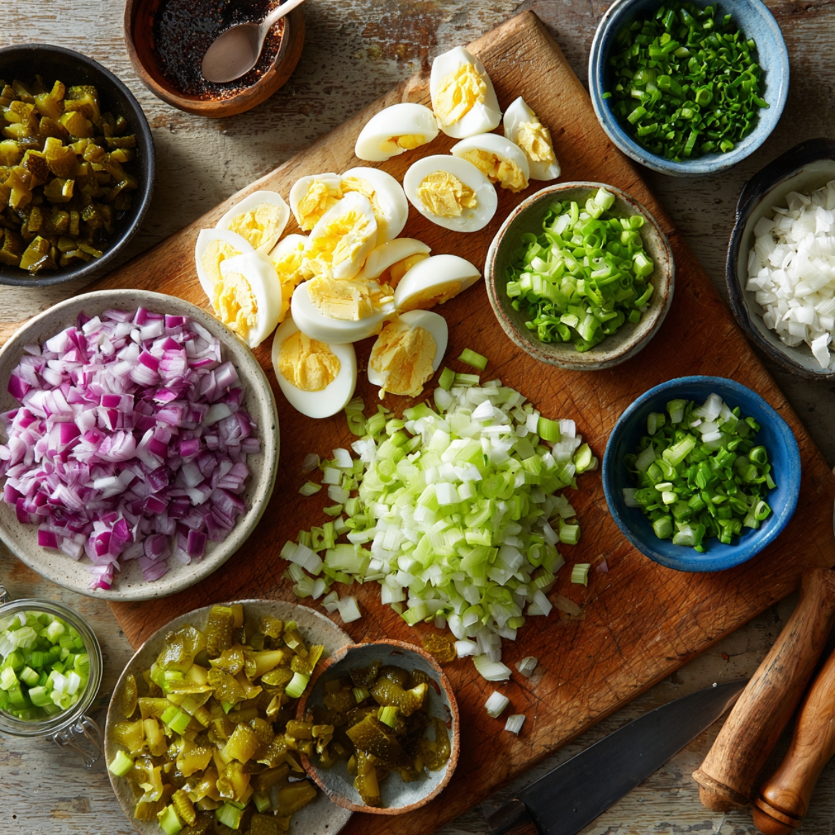 cutting board with ingredients for a salad, including chopped red onions, boiled eggs, celery, green onions, and pickles.