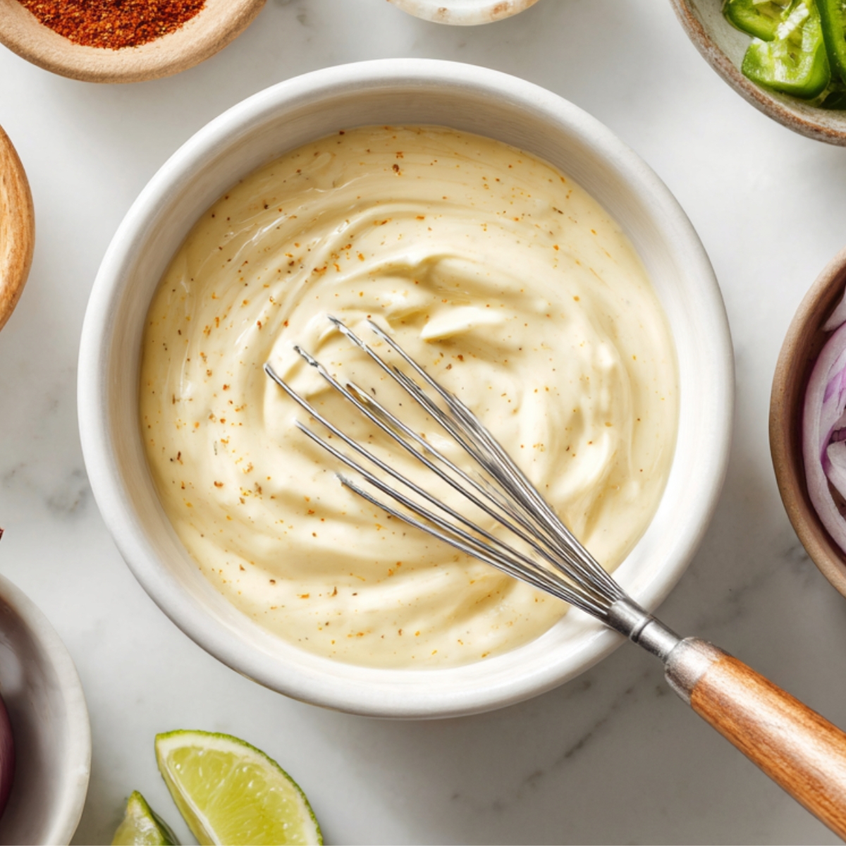 bowl of creamy mayonnaise with a whisk, with various spices and ingredients like lime, pickles, and red onions placed around it.