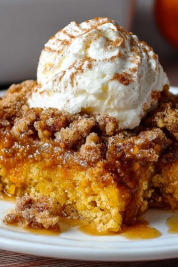plate with a slice of pumpkin dump cake recipe with spice cake topped with whipped cream and a sprinkle of cinnamon. The dessert has a crumbly topping and a gooey, caramel-like filling.