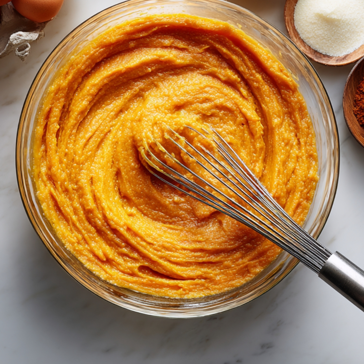 bowl of smooth orange batter, with a whisk resting inside the mixture, surrounded by bowls of sugar, flour, and spices like cinnamon and nutmeg.