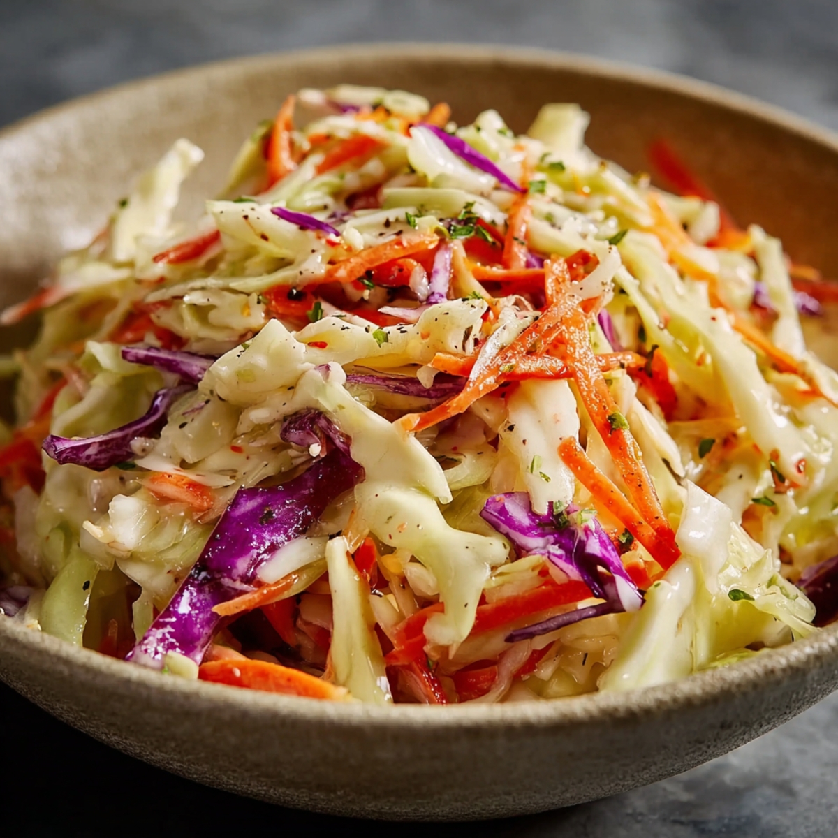 Creamy coleslaw recipe e in a rustic bowl, made with shredded green and red cabbage and carrots tossed in a tangy mayonnaise dressing.
