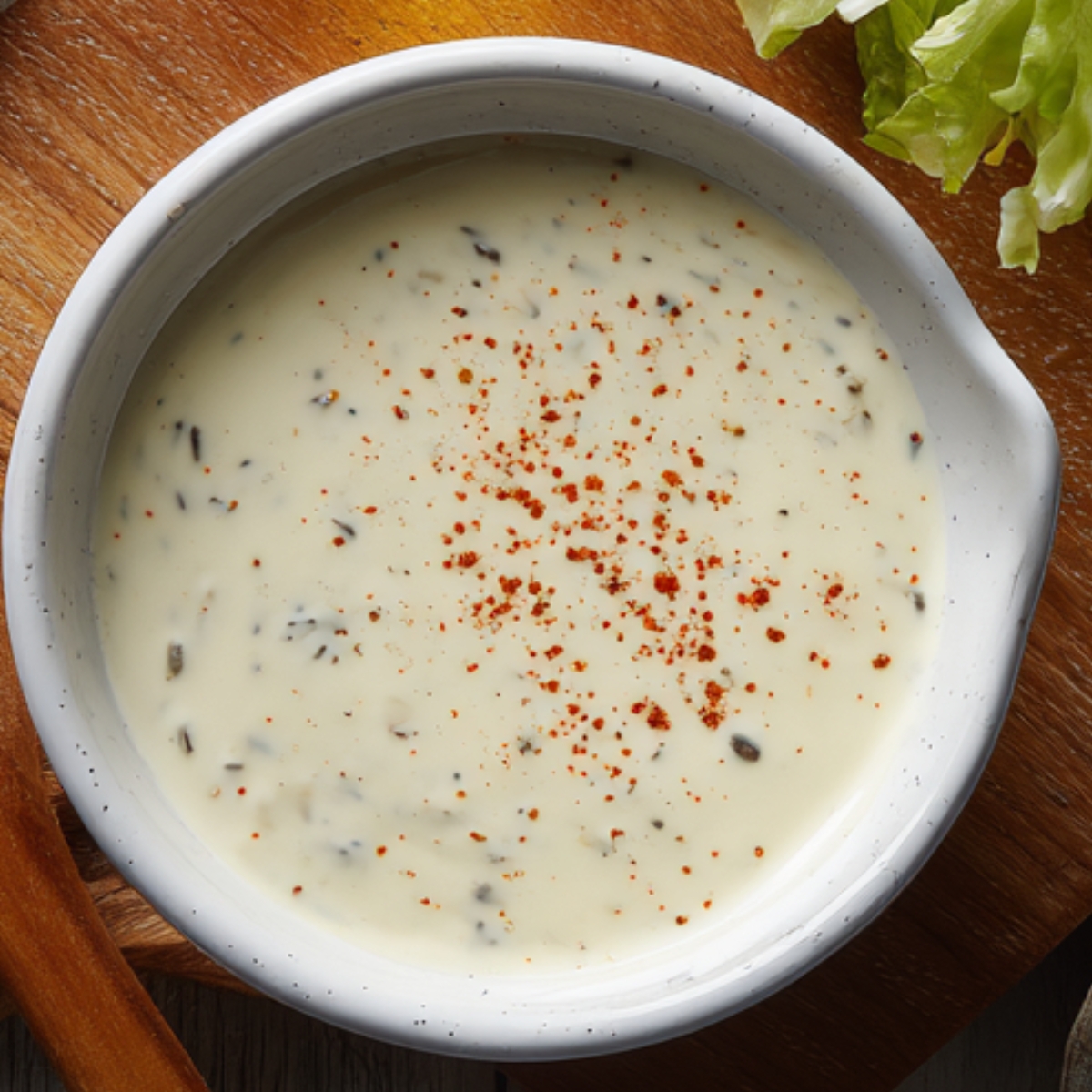 Freshly shredded green cabbage in a large white mixing bowl, ready for making coleslaw, with seasonings and sauce ingredients nearby.