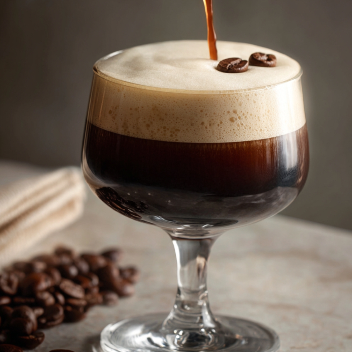 Fresh espresso martini being poured into a cocktail glass with a thick foam layer and two coffee beans on top.