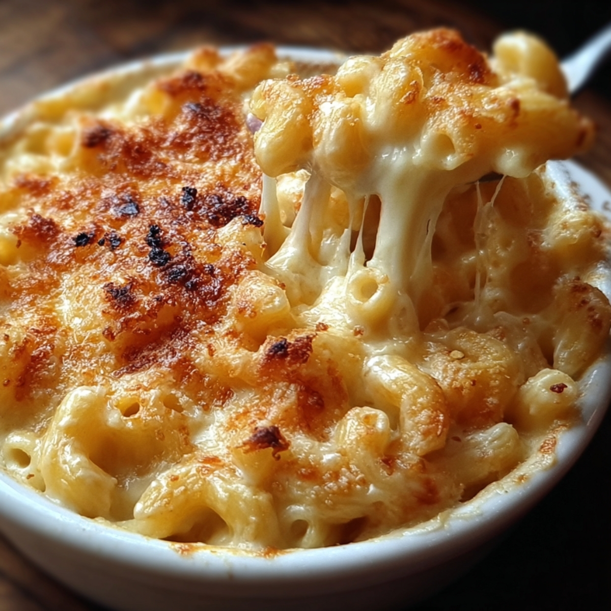 Close-up of creamy mac and cheese recipe with golden, crispy topping and melted cheese stretch.