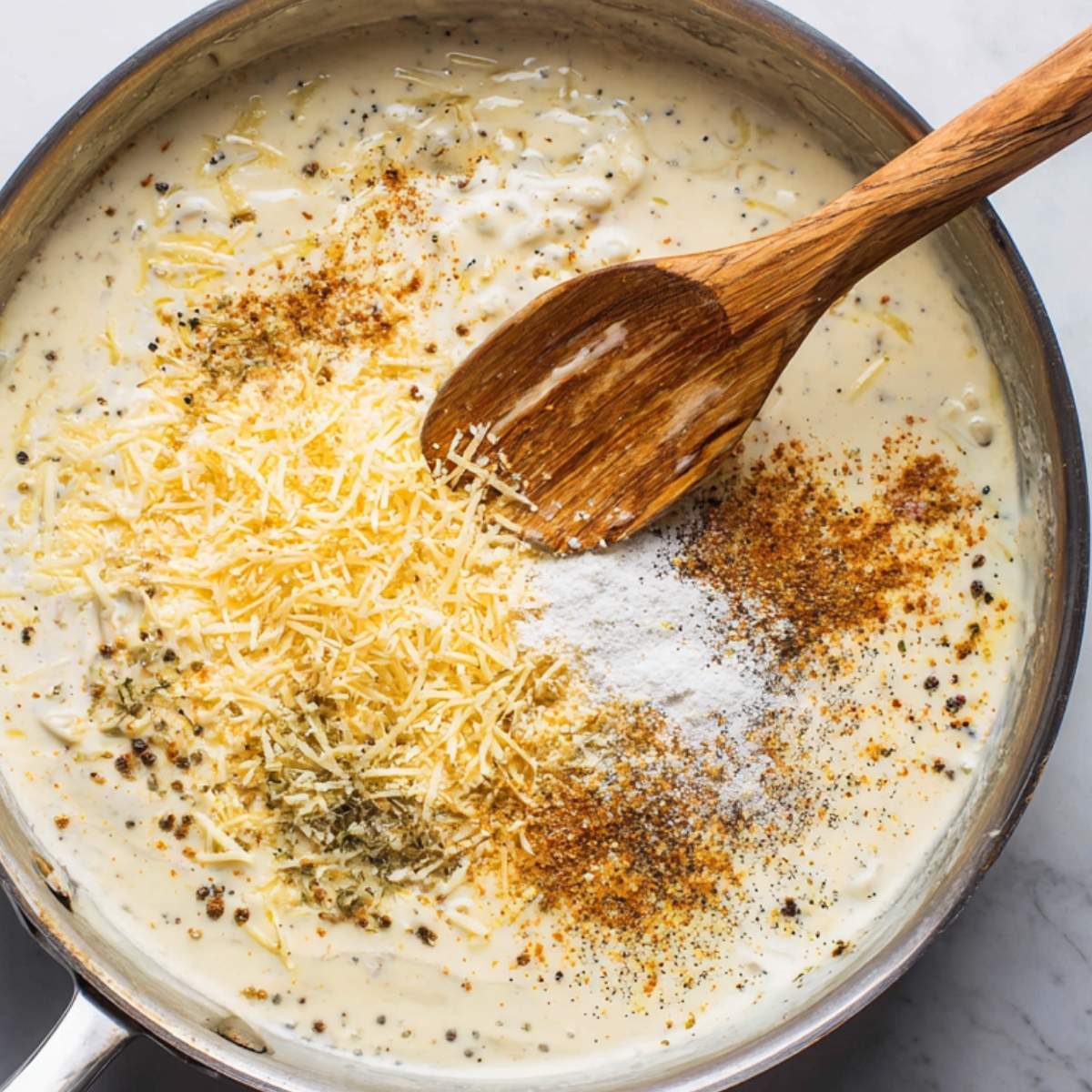 Pan of creamy cheese sauce being prepared with shredded cheese and spices added on top.