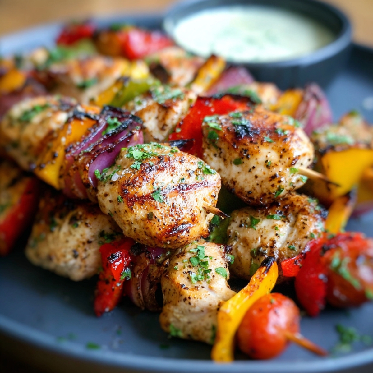 grilled chicken kabobs and vegetable skewers served on a dark plate, garnished with chopped herbs and accompanied by a creamy dipping sauce in a small bowl.