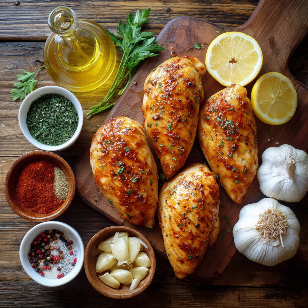 Seasoned chicken breasts on a wooden board surrounded by ingredients such as garlic cloves, lemons, parsley, spices, and a bottle of olive oil.
