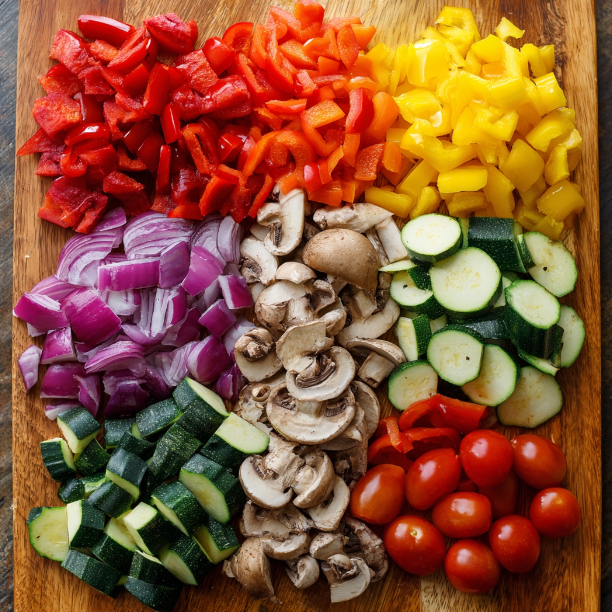 A wooden cutting board filled with an assortment of chopped vegetables—red onion, red and yellow bell peppers, zucchini, mushrooms, and cherry tomatoes—arranged by color.
