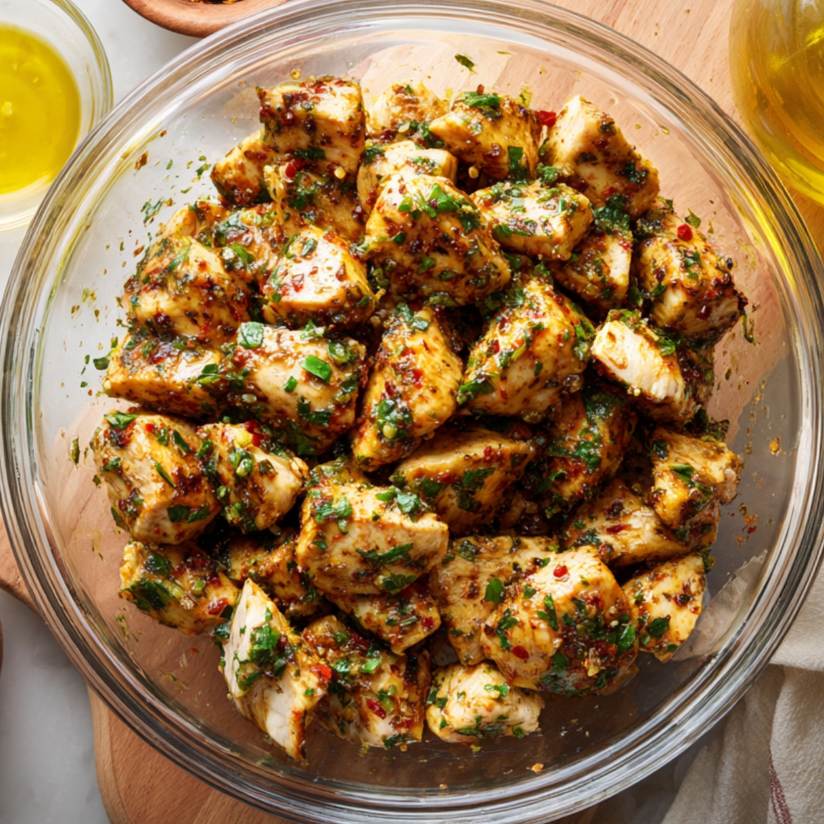 Cubes of chicken breast marinated in a herb and spice mixture with visible chopped parsley, chili flakes, and olive oil in a glass bowl.