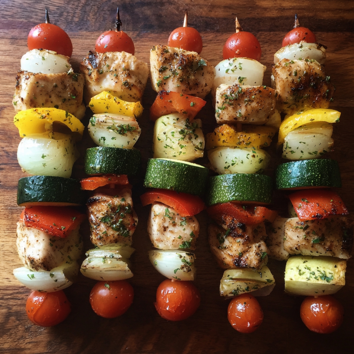 Four colorful skewers lined up on a wooden surface, featuring grilled chicken, cherry tomatoes, zucchini, bell peppers, and onions.