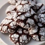 A close-up of chocolate crinkle cookies on a white plate, featuring a cracked pattern of powdered sugar over dark chocolate cookie surfaces.
