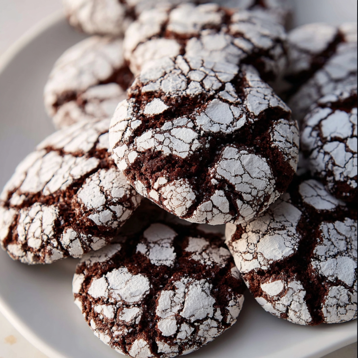 A close-up of chocolate crinkle cookies on a white plate, featuring a cracked pattern of powdered sugar over dark chocolate cookie surfaces.