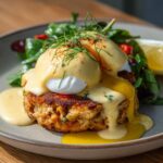 A beautifully plated crab cake eggs benedict with two perfectly poached eggs, drizzled with creamy hollandaise sauce and garnished with fresh dill, served alongside a bright green salad and lemon wedge