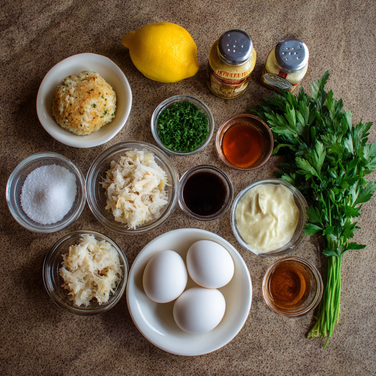 A neatly arranged set of crab cake ingredients on a countertop—fresh crab meat, parsley, seasonings, sauces, eggs, and a lemon—ready for mixing.
