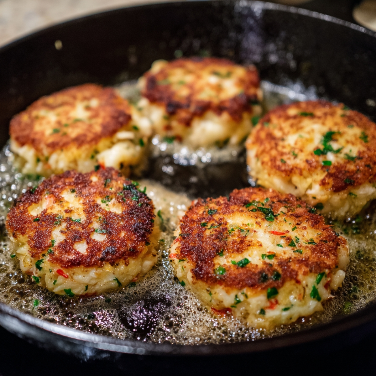 A skillet filled with golden-brown crab cakes sizzling in bubbling butter, garnished with bits of parsley.