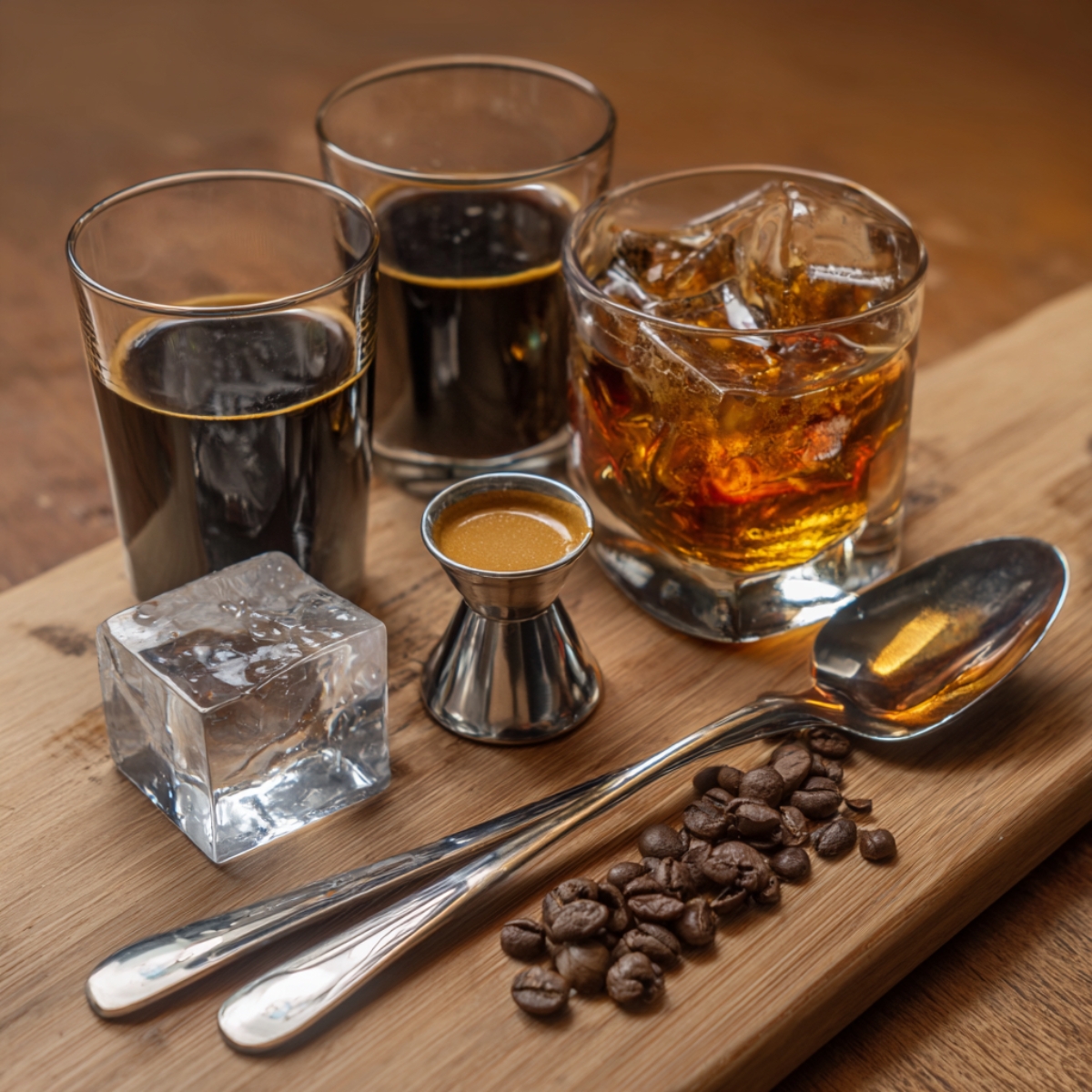 Espresso martini ingredients arranged on a wooden board, including espresso, coffee liqueur, vodka, ice cubes, coffee beans, and a jigger.
