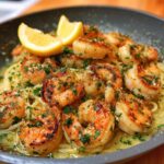 This image features shrimp scampi recipe with a flavorful sauce, topped with lemon wedges and sprinkled with parsley.