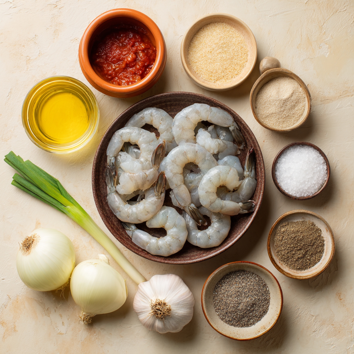 This picture displays raw shrimp, tomatoes, garlic, onions, and spices organized for cooking.