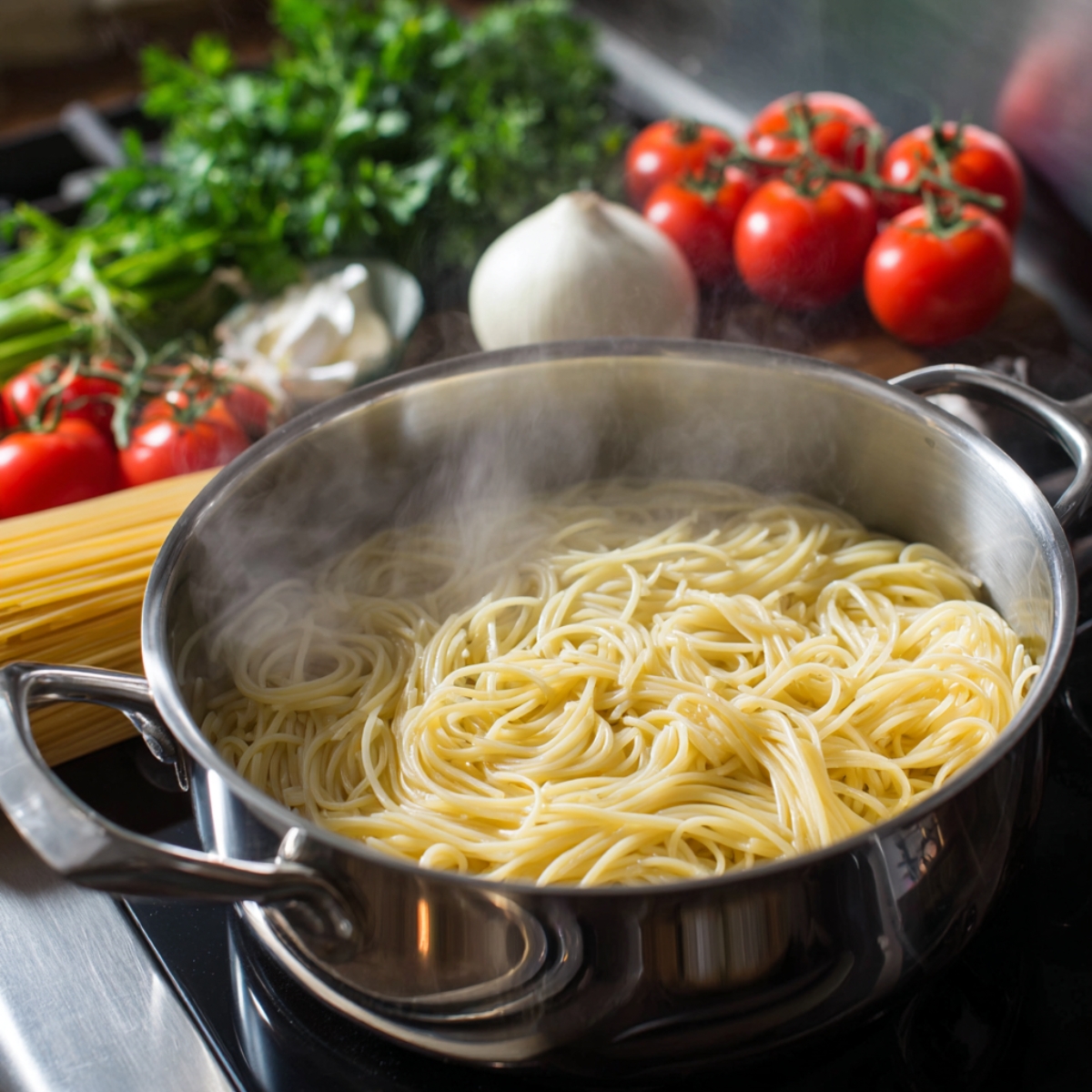 The image captures a pot of spaghetti noodles boiling, surrounded by fresh vegetables like tomatoes, garlic, and onions.
