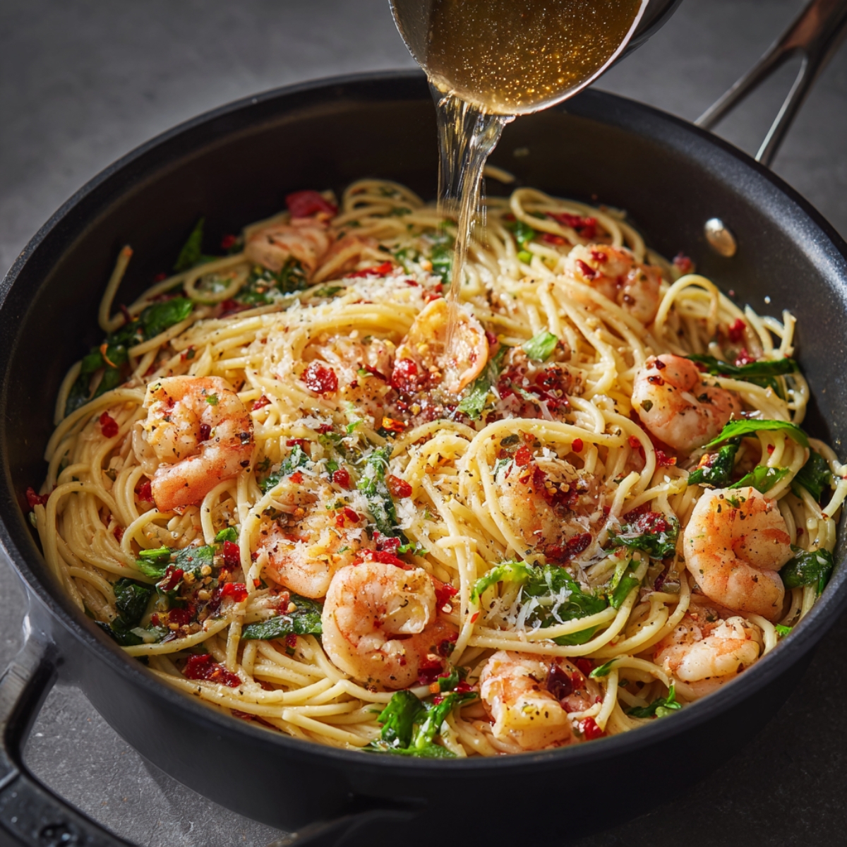 This image shows pasta mixed with shrimp, spinach, sun-dried tomatoes, and parmesan cheese, with a pouring of sauce being added.