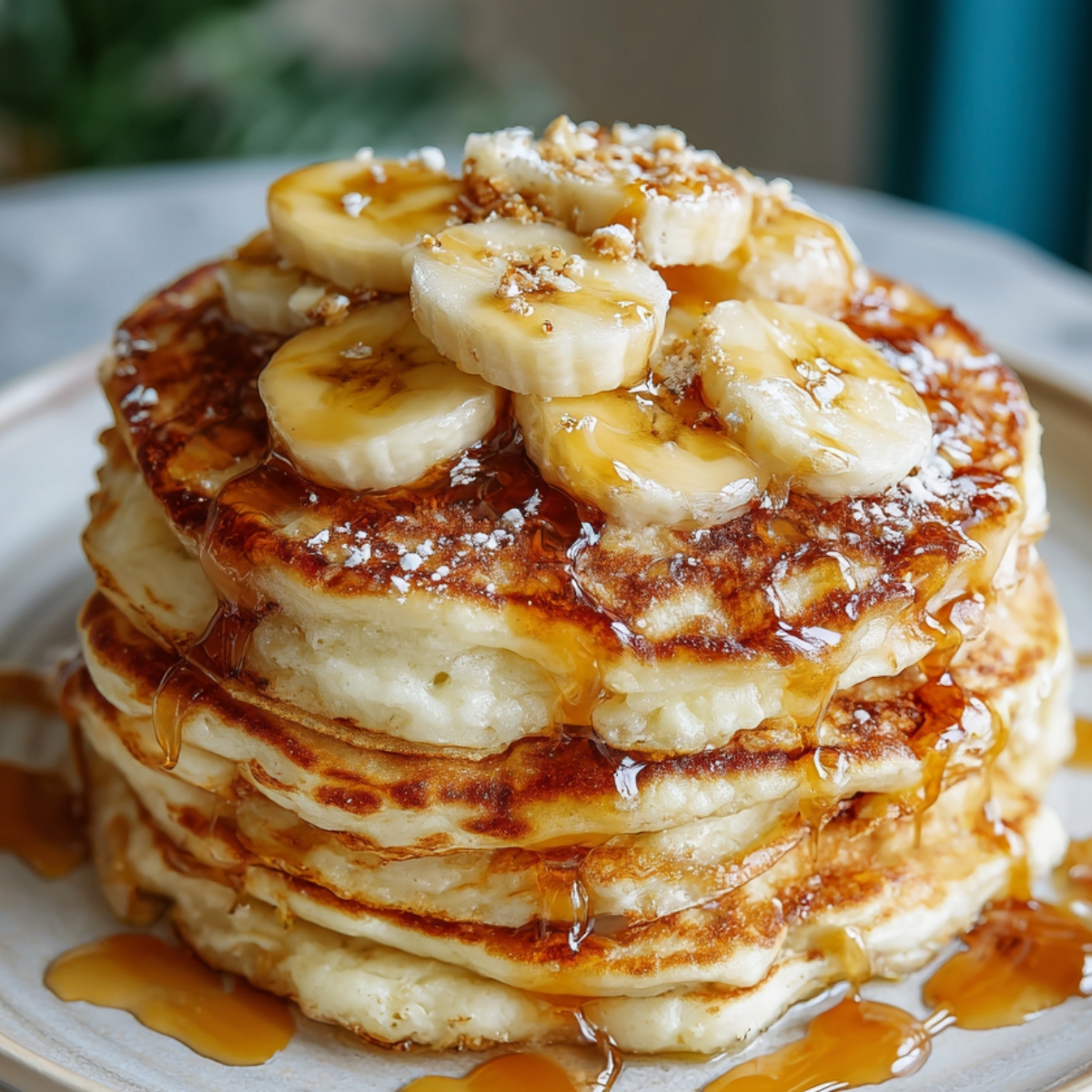 stack of banana pancakes recipe with sliced bananas on top, drizzled with syrup, and a sprinkling of powdered sugar.