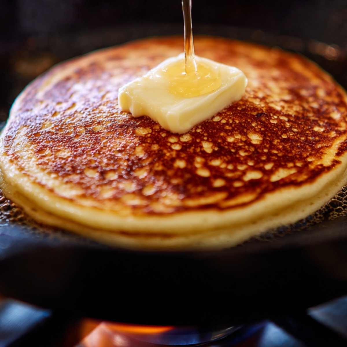 close-up shot of a pancake in a frying pan, with a pat of butter on top, as syrup is being poured onto it.