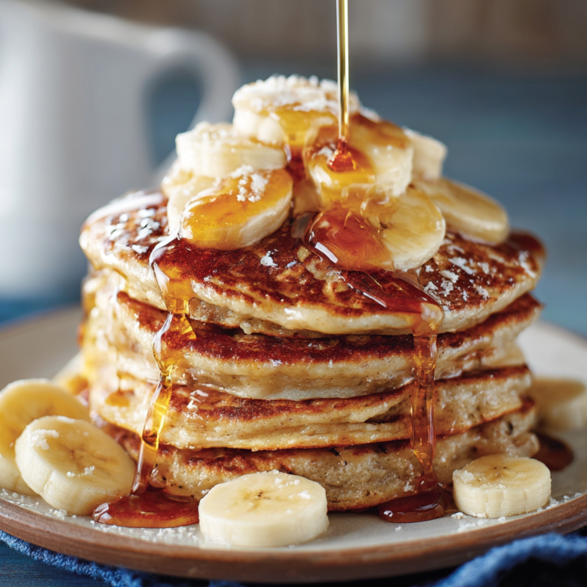 stack of pancakes topped with sliced bananas, syrup dripping down, and a sprinkling of powdered sugar.