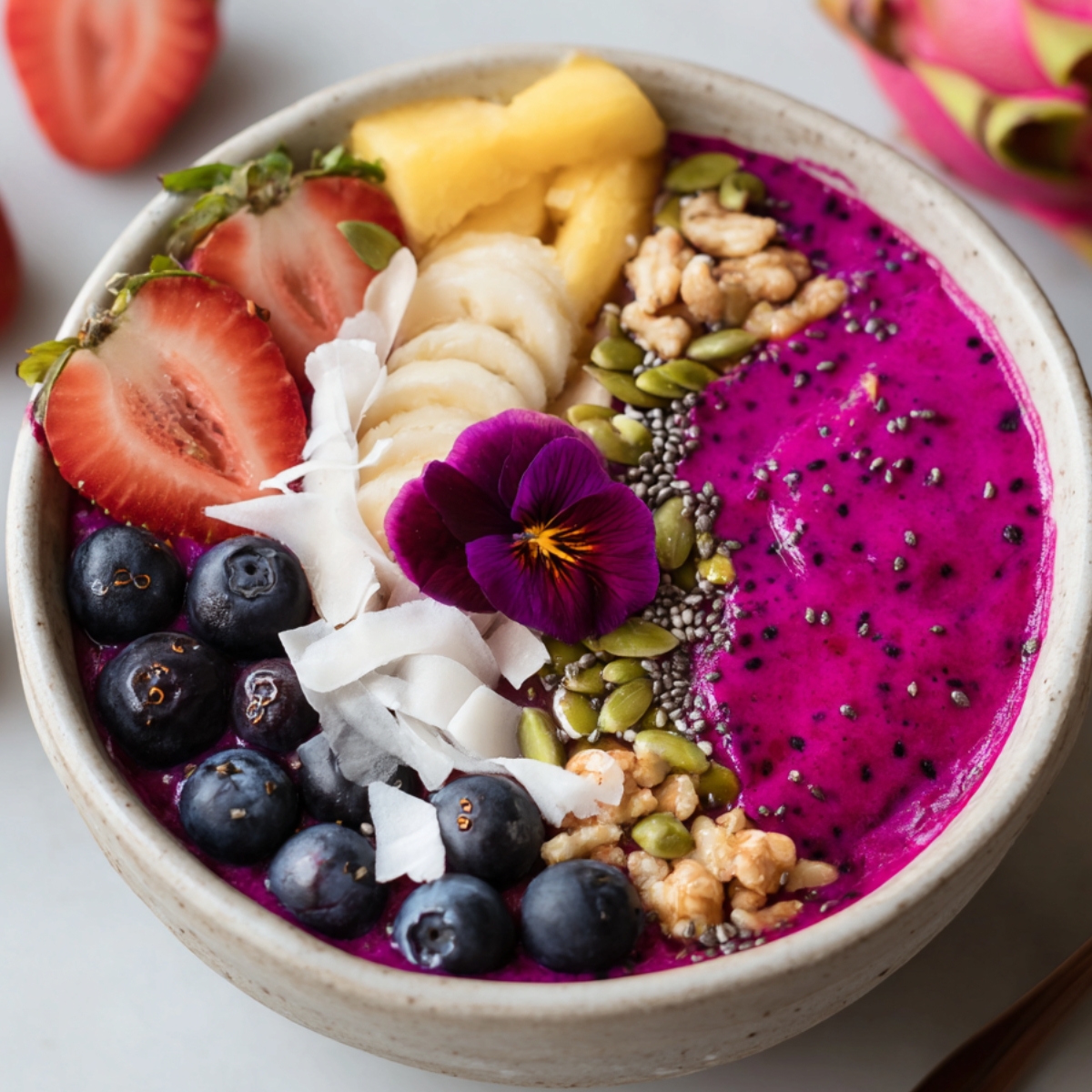vibrant smoothie pitaya bowl recipe topped with sliced banana, fresh strawberries, blueberries, coconut flakes, granola, pumpkin seeds, chia seeds, and a purple edible flower on top. The smoothie base is a bright pink dragon fruit blend