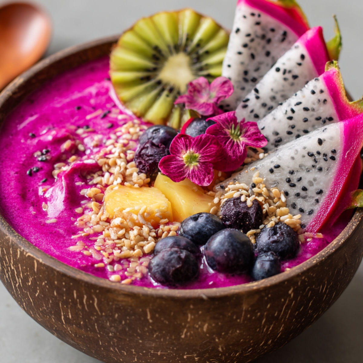 colorful smoothie bowl with pink dragon fruit puree topped with sliced kiwi, dragon fruit wedges, pineapple, blueberries, edible flowers, and sesame seeds
