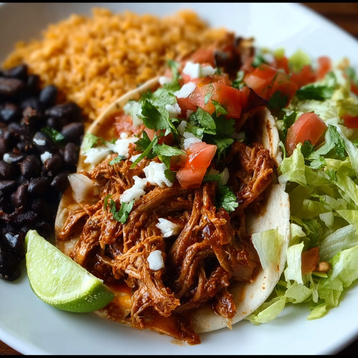 plate of tacos filled with shredded Cafe Rio sweet pork recipe topped with cilantro, onions, and tomatoes, served alongside black beans, rice, and a wedge of lime.