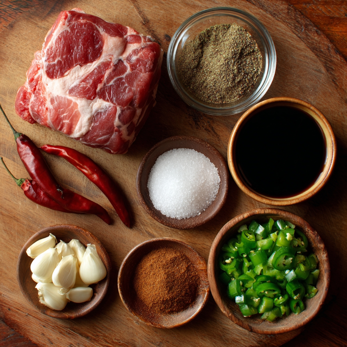 Ingredients for a pork dish laid out, including a pork roast, dried chilies, garlic cloves, fresh jalapeños, soy sauce, sugar, and spices.